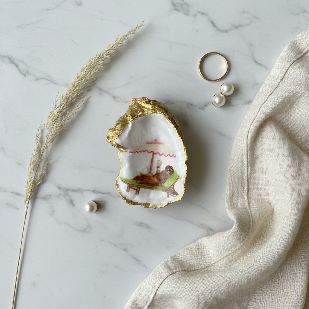 AI lifestyle flat lay of Labrador Paradise oyster shell trinket dish styled with  ring, and earrings — coastal home décor gift for dog lovers